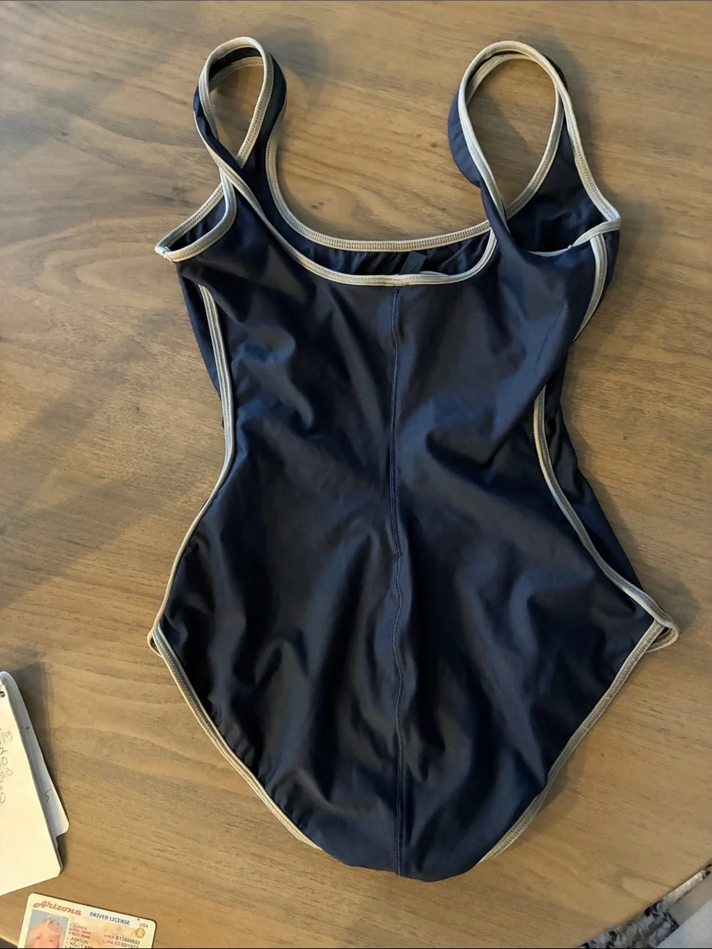 SKIMS navy blue swimsuit with gray trim